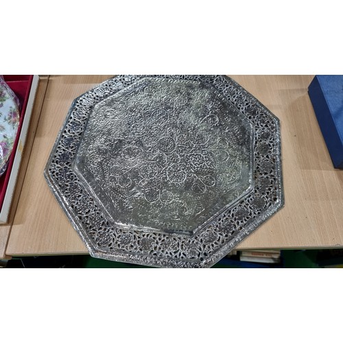 29 - Octagonal ornate middle eastern silver plated tray with a pierced border in excellent condition 36cm... 