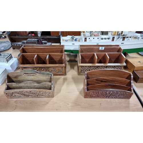 33 - 4x well carved solid wood desk organisers inc two large desk organisers with carved fronts all in ex... 