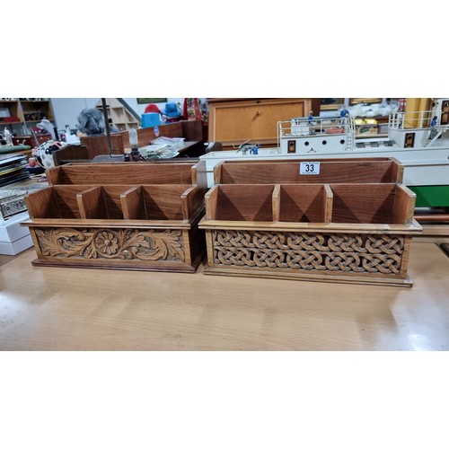 33 - 4x well carved solid wood desk organisers inc two large desk organisers with carved fronts all in ex... 