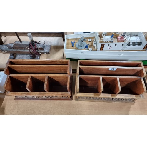 33 - 4x well carved solid wood desk organisers inc two large desk organisers with carved fronts all in ex... 