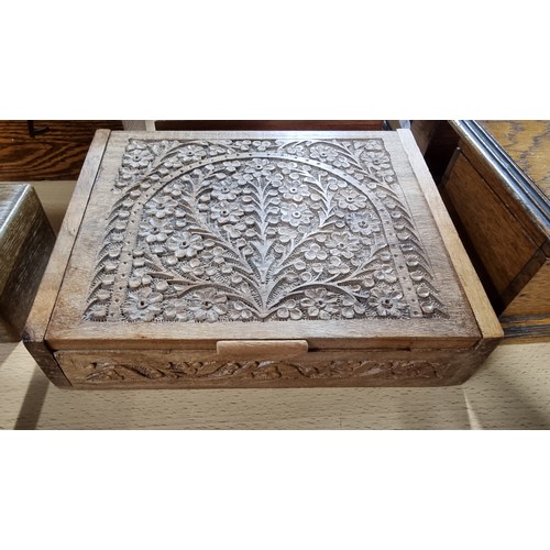 34 - Quantity of 10x various vintage wooden boxes inc a well carved wooden lift up lid box an inlaid yew ... 