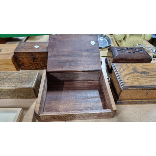 34 - Quantity of 10x various vintage wooden boxes inc a well carved wooden lift up lid box an inlaid yew ... 