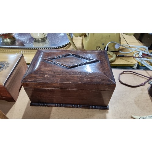 34 - Quantity of 10x various vintage wooden boxes inc a well carved wooden lift up lid box an inlaid yew ... 