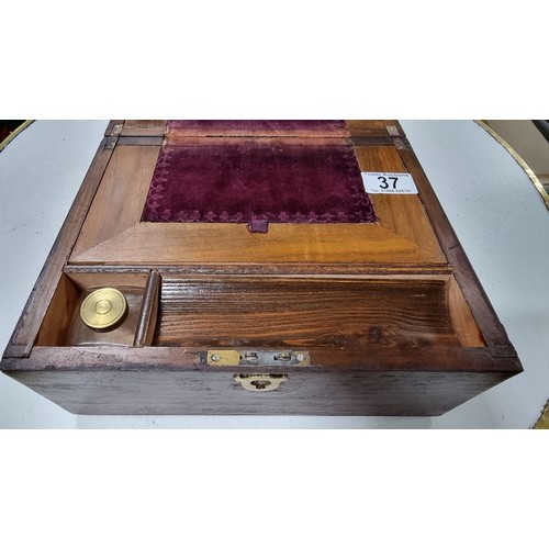 37 - Antique solid mahogany writing box with original velvet insert on the slope in good original conditi... 