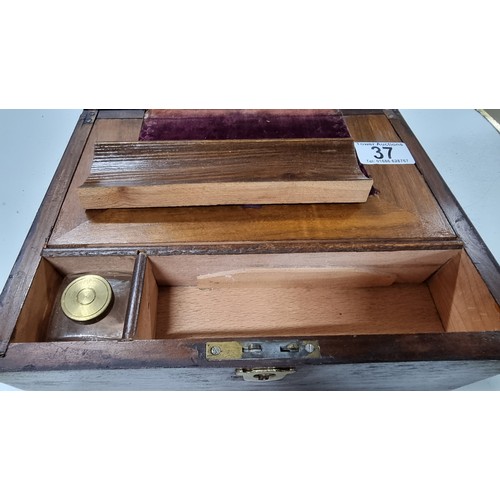 37 - Antique solid mahogany writing box with original velvet insert on the slope in good original conditi... 