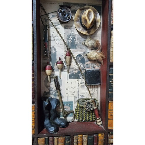 38 - Fishing diorama inset to a model library along with a quantity of pictures inc a pair of framed and ... 