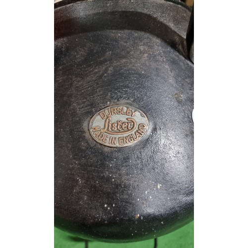 42 - Antique milk pail by Lister in good condition with no holes along with a black companion set, height... 