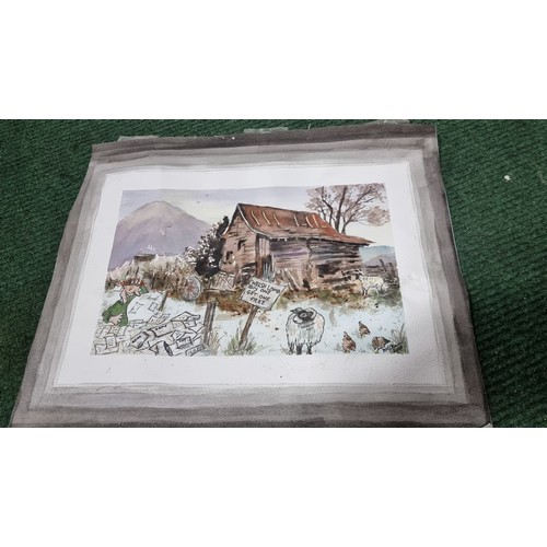 47 - Large quantity of various pictures and prints inc original watercolour of a comical scene welsh lamb... 