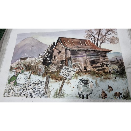 47 - Large quantity of various pictures and prints inc original watercolour of a comical scene welsh lamb... 