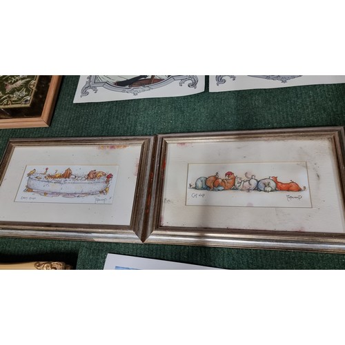 47 - Large quantity of various pictures and prints inc original watercolour of a comical scene welsh lamb... 