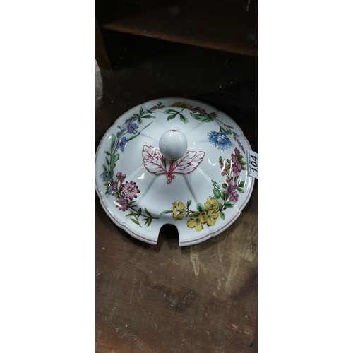 104 - Large lidded tureen with a pretty floral design along with a hand made in Greece plate with 24K gold... 