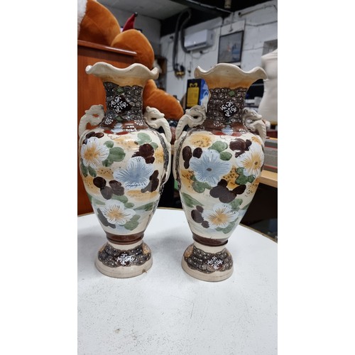 53 - Pair of good quality antique japanese satsuma vases hand painted with a warrior scene and a floral s... 