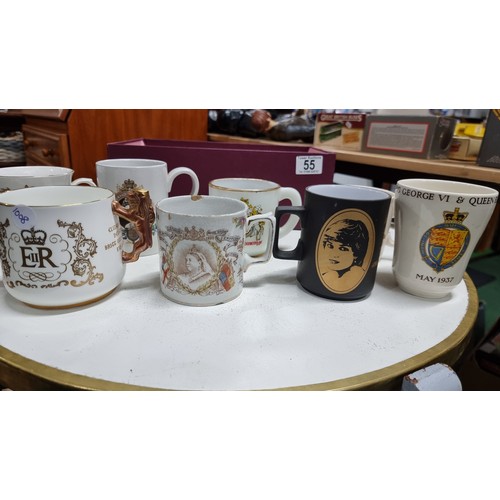 55 - Quantity of 8 various royal commemorative mugs inc an opaline glass mug