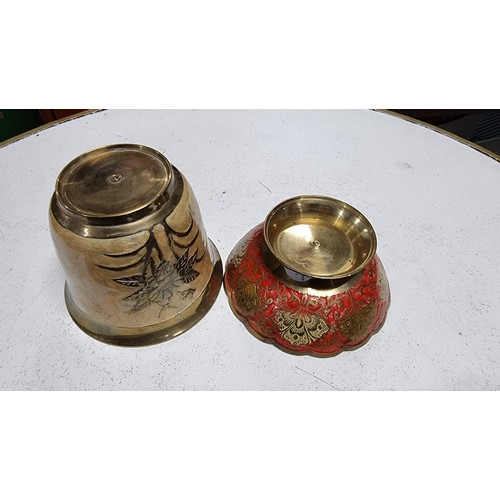 56 - Swedish silver plated tray with a pierced border along with a bronze enamelled pot and a brass ename... 