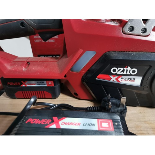 121 - Boxed 18V Ozito Power X Change battery operated cordless chainsaw. 250mm bar & chain. Complete with ... 