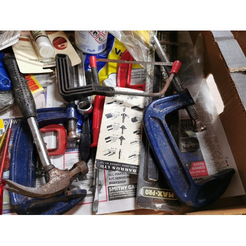 122 - Large qty of various hand tools inc. Mallets, hack saws, spanners, pliers, various clamps, brasso, l... 