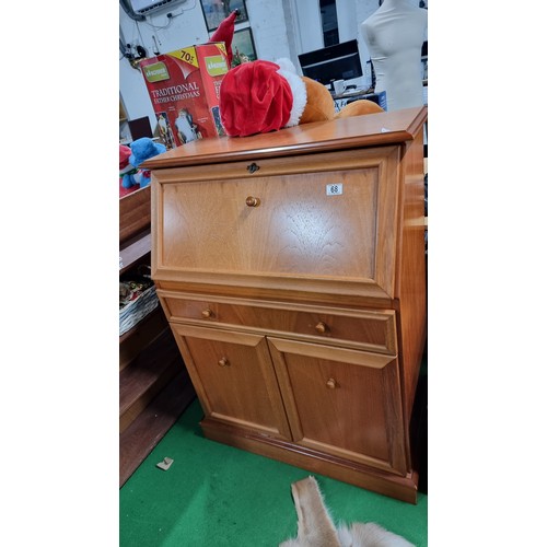 68 - Vintage solid teak bureau in excellent clean condition throughout with a door and two drawers below ... 