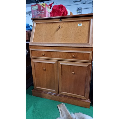 68 - Vintage solid teak bureau in excellent clean condition throughout with a door and two drawers below ... 