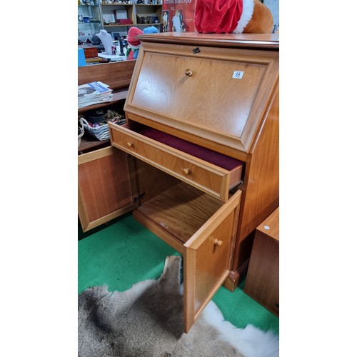 68 - Vintage solid teak bureau in excellent clean condition throughout with a door and two drawers below ... 