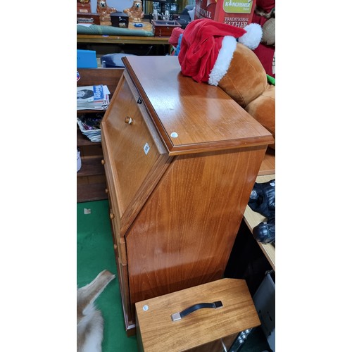 68 - Vintage solid teak bureau in excellent clean condition throughout with a door and two drawers below ... 