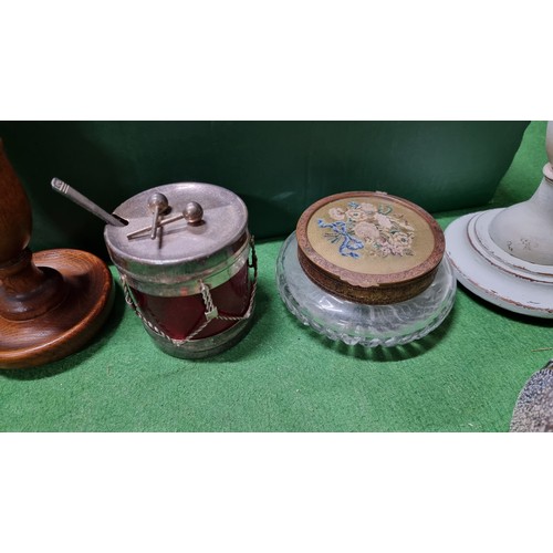 73 - Box of collectables inc 3x pairs of wooden candle sticks a set of 4 shell formed tablecloth weights,... 