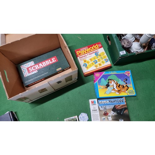 75 - Box full of various board games inc Kasparov chess computer, 2 sets of good antique playing cards in... 