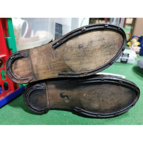 96 - Box containing a quantity of good quality collectables inc a vintage pair of leather and wood clogs ... 