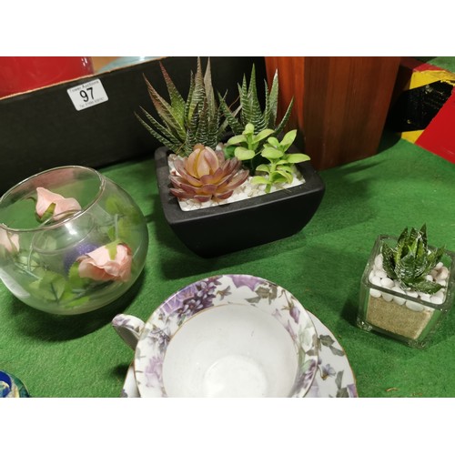 97 - 3x boxes full of decorative odds for the home inc a quantity of artificial cactuses and flowers, lar... 