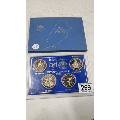 269 - Pobjoy mint Isle of Man coin set olympic crowns 1984 all in mint condition the case to the rear is c... 