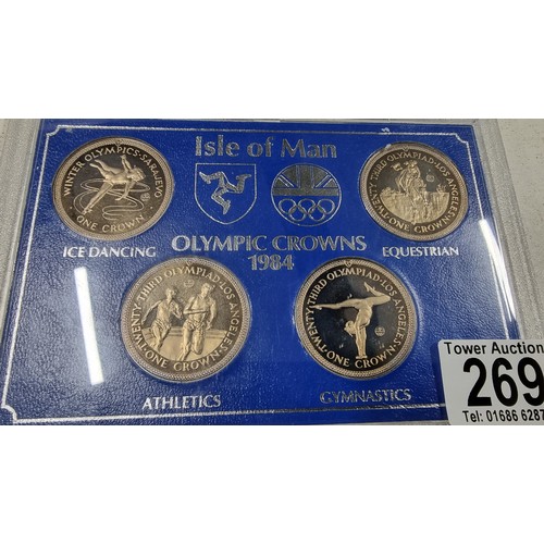 269 - Pobjoy mint Isle of Man coin set olympic crowns 1984 all in mint condition the case to the rear is c... 