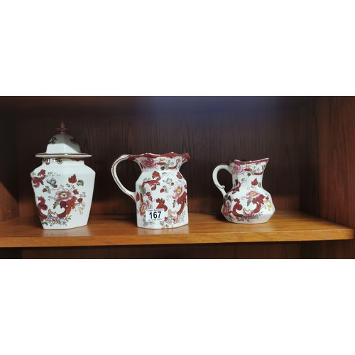 167 - 3x large Mason's Red Mandalay ceramic pieces inc. 2x jugs & 1x lidded pot. Lidded pot measures 24cm ... 