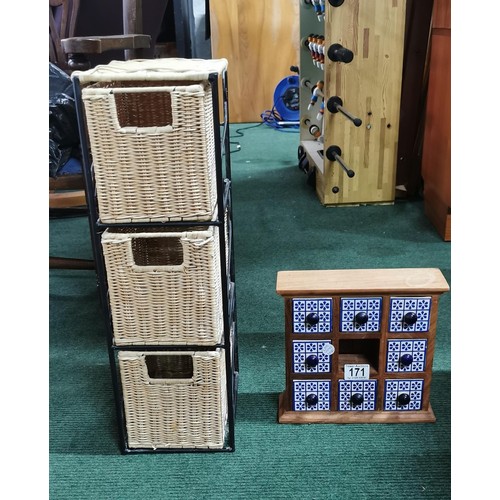 171 - Small wicker 3 drawer unit & wooden 8 drawer storage box with ceramic drawers. The largest measures ... 