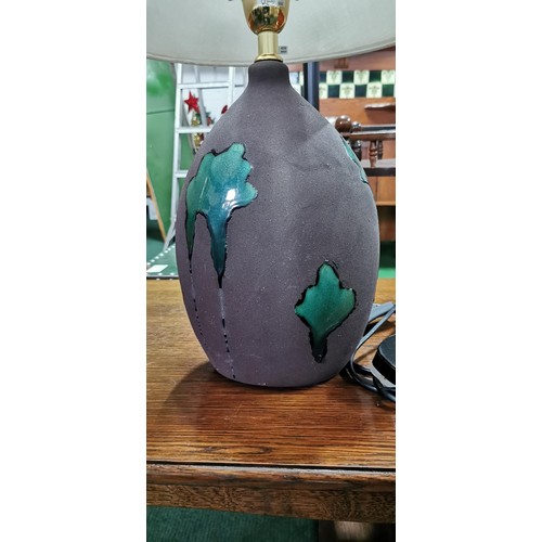 173 - Modern decorative purple stoneware table lamp with glazed leaf design wrapping around the base compl... 