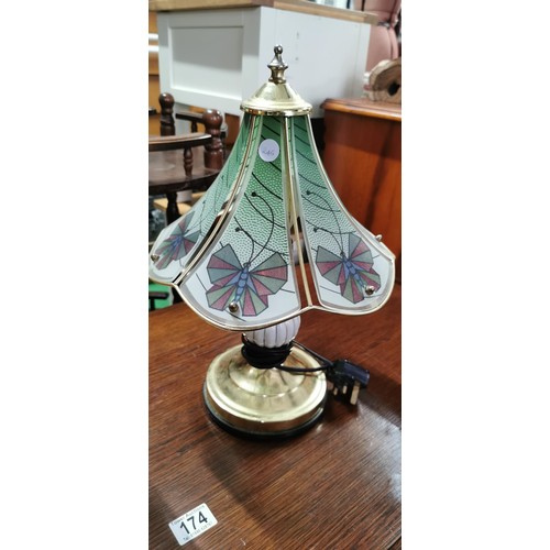 174 - Matching pair of ornate modern brass & white ceramic table lamps with butterfly design glass shades.... 