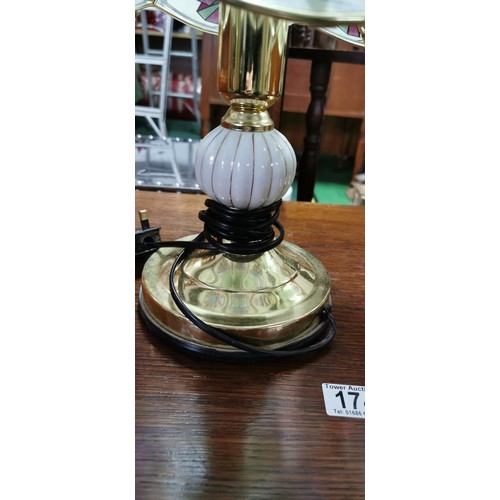 174 - Matching pair of ornate modern brass & white ceramic table lamps with butterfly design glass shades.... 