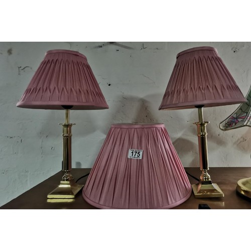 175 - 2x modern brass table lamps with pink shades & a spare pink shade. Measures 45cm height.