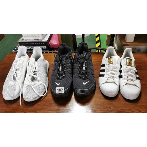 182 - 3x pairs of good branded trainers inc. 2x Adidas trainers & black Nike Airmax MX-720-818. All UK siz... 