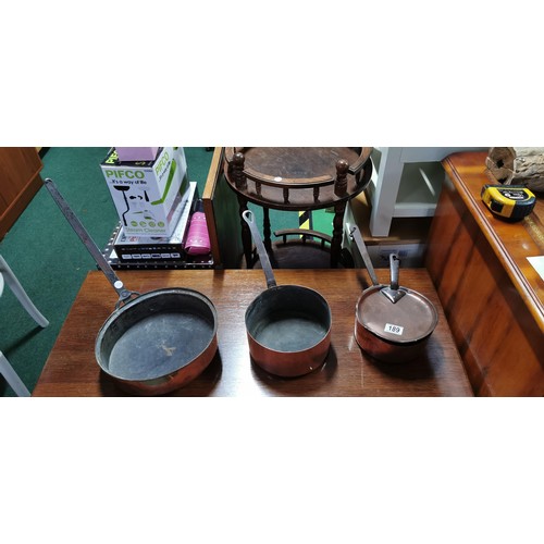 189 - 4x good quality heavy copper frying pans & saucepans in good vintage polished condition. Largest pan... 