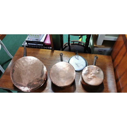 189 - 4x good quality heavy copper frying pans & saucepans in good vintage polished condition. Largest pan... 