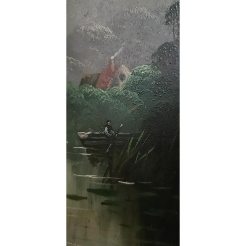 195 - Pair of vintage gilt framed oil paintings of a lake scene signed B.V. 1909. Excellent detail. Measur... 