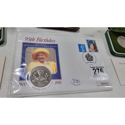 276 - 3x boxed sets of proof crowns along with a Queen Mother £5 coin commemorative cover