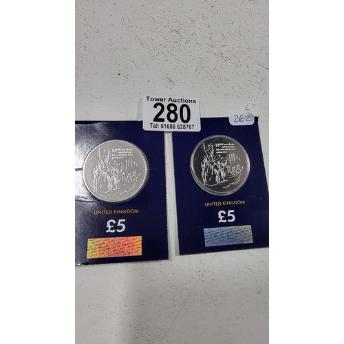 280 - 2x new and sealed change checker £5 coins for the tails of Peter Rabbit both dated 2021