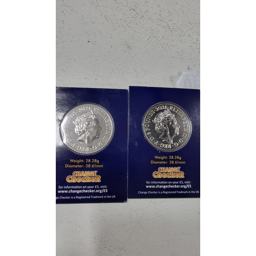 280 - 2x new and sealed change checker £5 coins for the tails of Peter Rabbit both dated 2021