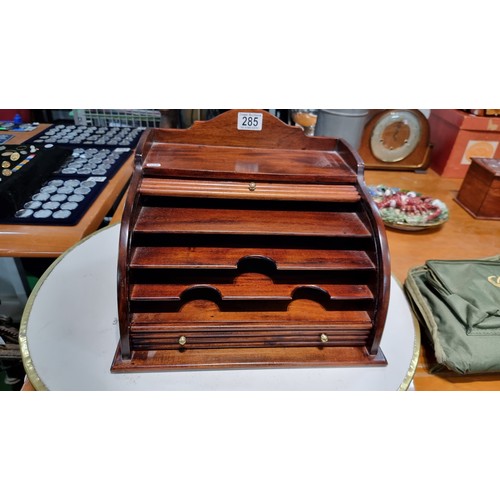 285 - Good quality large solid mahogany roll top desk tidy in excellent condition throughout revealing a f... 