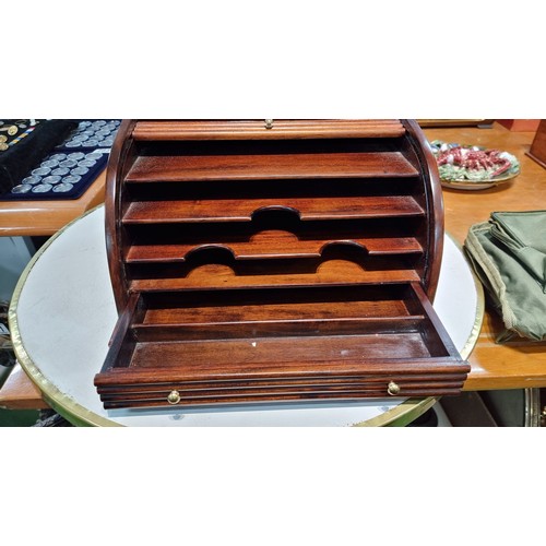 285 - Good quality large solid mahogany roll top desk tidy in excellent condition throughout revealing a f... 