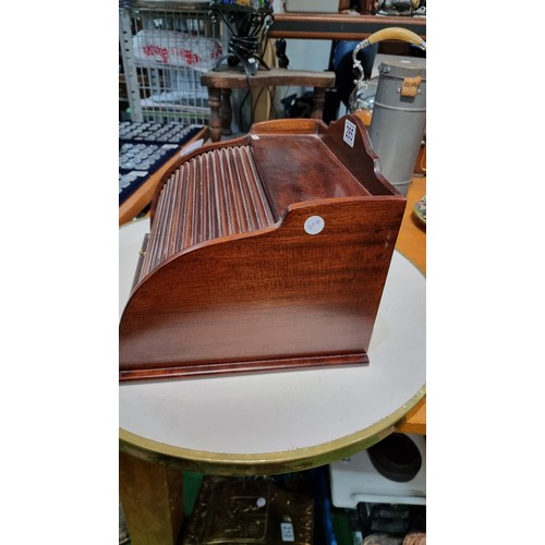 285 - Good quality large solid mahogany roll top desk tidy in excellent condition throughout revealing a f... 