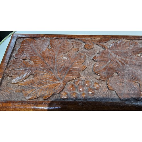 291 - Vintage solid mahogany box with a carved autumn leaf design to the top would also fit a wine bottle ... 