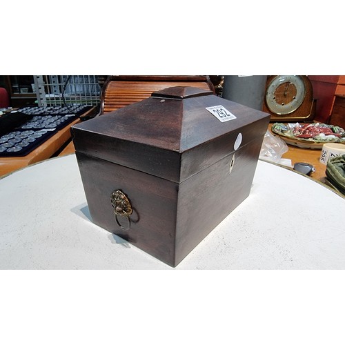 292 - Antique solid rosewood tea caddy with two lidded compartments inside with lion mask handles to the s... 