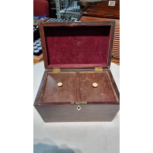 292 - Antique solid rosewood tea caddy with two lidded compartments inside with lion mask handles to the s... 