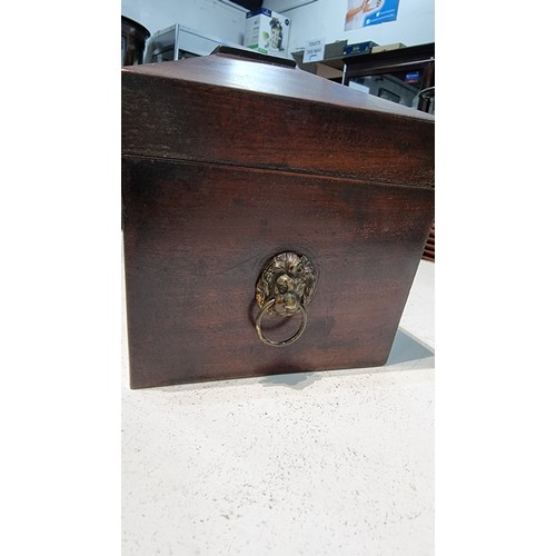 292 - Antique solid rosewood tea caddy with two lidded compartments inside with lion mask handles to the s... 